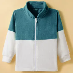 Kanvin Antipilling Polar Fleece Knit Full Sleeves Solid Color Cut & Sew Winter Jacket - Teal Blue & White-image-3
