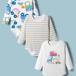 Kookie Kids India Full Sleeves Onesies With Vehicle Print Pack Of 3 - White-image-77