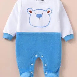 Wonderchild Full Sleeves Teddy Bear Face Embroidered Footed Sleepsuit - White & Blue-image-70