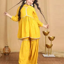 Cutiekins Georgette Woven Full Sleeves Dots Printed Lace Embellished Kurti & Sharara With Dupatta Set - Mustard & Gold-image-2