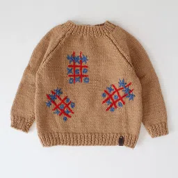 Woonie Full Sleeves Handknitted Tic Tac Toe Embroidered Sweater - Beige image 3