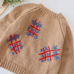 Woonie Full Sleeves Handknitted Tic Tac Toe Embroidered Sweater - Beige image 5