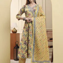 Yufta Floral Embroidered Pure Cotton V-Neck Angrakha Kurta With Trousers & Dupatta-image-4