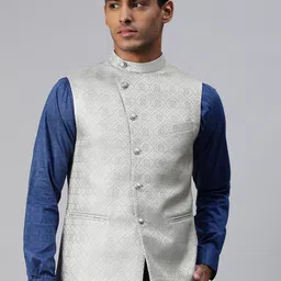 MANQ Men Grey & Gold Ethnic Motifs Jaquard Woven Design Nehru Jacket-picture-46