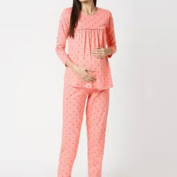 AV2 Women Peach-Coloured & Brown Floral Printed Maternity/Nursing Night suit image 5