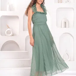 JC4U Women Solid Self Design Tie-Ups Halter Neck A-Line Maxi Dress image 2