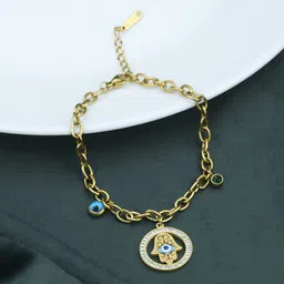 ARTKLIM Stainless Steel Gold-Plated American Diamond Studded Evil Eye Charm Bracelet-image-20