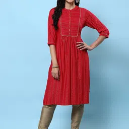 Shree Striped Printed Sequined Mandarin Collar Liva Straight Kurta-image-62