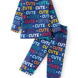 Babyhug Cotton Knit Full Sleeves Night Suit with Text Print - Navy Blue image 1