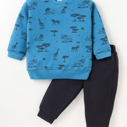 Zero Fleece Knit Full Sleeves Winter Wear T-Shirt & Lounge Pant Set Animal Print -Blue &Grey-picture-44