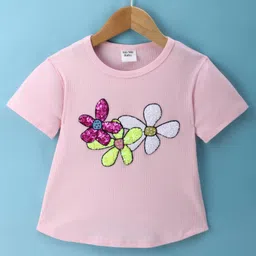 Kookie Kids Knit Half Sleeves T-Shirt with Sequin Detailing - Pink-picture-17