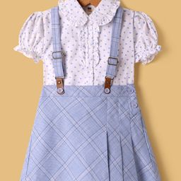 ToffyHouse Cotton Knit Puffed Sleeves Tops & Skirt with Checks & Heart Print - White & Light Blue-picture-33