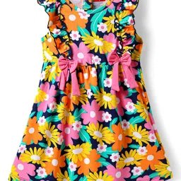 Babyhug Cotton Knit Frill Sleeves Frock With Floral Print & Bow Applique - Navy Blue-image-23