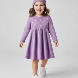 Babyhug Full Sleeves Sweater Knit Woollen Dress With Floral Design - Lilac-picture-28
