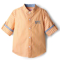 Babyhug Cotton Woven Full Sleeve Striped Shirt with Mandarin Collar - Orange & White-picture-21