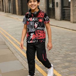 OLLINGTON ST. Cotton Sinker Knit Half Sleeves T-Shirt & Taffeta Woven Joggers with Rock Print - Multicolor & Black-picture-48