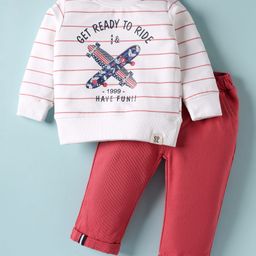 Ollypop Looper Knit Full Sleeves T-Shirt & Lounge Pant Set With Skateboard Print - White & Red-picture-42