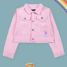 Kiddopanti Denim Woven Full Sleeves Unicorn Patch Embroidered & Sequins Embellished Crop Jacket - Pink-picture-11