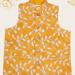 Little Bansi Mulberry Silk Woven Sleeveless Floral Thread Work Detailed Nehru Jacket- Haldi Yellow-picture-24