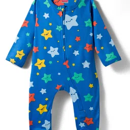 Babyhug Cotton Knit Full Sleeves Footed Sleepsuit With Star Print - Blue-picture-17