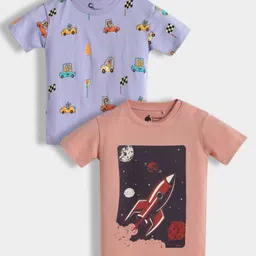 Orange Sugar 100% Cotton Knit Pack Of 2 Half Sleeves Animals In Cars & Rocket Printed Tees - Lavender & Soft Red-picture-18
