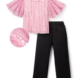 Hola Bonita Knit Half Sleeves Shimmer Party Top & Pant Set - Pink & Black-image-90