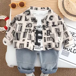 Googo Gaaga Cotton Knit Full Sleeves Alphabets Printed Pleated Shirt With Jeans & Inner Tee Set - Cream-picture-19