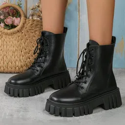 Shoetopia Solid Lace Up Boots - Black-picture-10