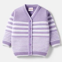 Babyhug Knit Full Sleeves Front Open Sweater Set with Stripes - Lavender image 2