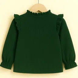 Aww Hunnie Corduroy Woven Full Peasant Sleeves Frill Detailed Ribbed Top - Green image 3