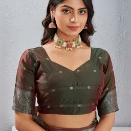 SATYAM WEAVES Ethnic Motifs Zari Banarasi Saree with Unstitched Blouse Piece image 5