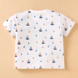 ToffyHouse Cotton Knit Dungaree & Half Sleeves T-Shirt With Boat Print & Embroidery - Royal Blue & White image 3