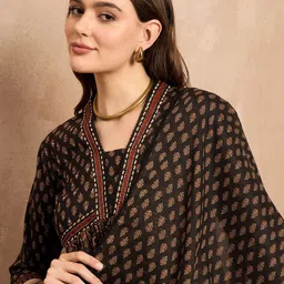 all about you Brown Floral Printed Pleated Pure Cotton Kurta with Trouser & Dupatta image 2