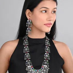 Anvik Silver-Plated Stone-Studded & Beaded Oxidised Jewellery Set image 3