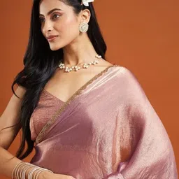 LOROFY Embellished Beads and Stones Pure Chiffon Chanderi Saree With Blouse Piece image 5