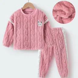 Kookie Kids Winter Wear Full Sleeves Drop Shoulder Night Suit With Bunny Patch & Cable Knit Design - Pink-picture-19