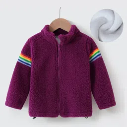 Kookie Kids Full Sleeves High Neck Fur Winter Jacket with Stripes Detailing - Burgandy-picture-14