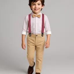 Babyhug Knit Full Sleeves Polka Dots Printed Shirt & Trouser Set with Bow & Suspender - White & Beige-picture-27