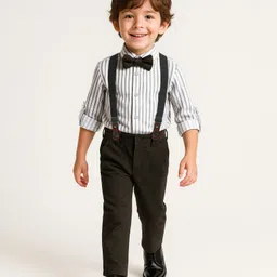 Mark & Mia Cotton Woven Full Sleeves Striped Shirt & Trouser With Bow & Suspender - White-picture-40