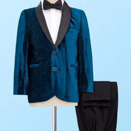 Babyhug Knit Full Sleeves Solid 3 Piece Party Suit With Bow - Navy Blue & White-picture-12