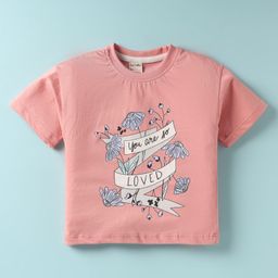 CUCUMBER Sinker Knit Half Sleeves T-Shirt With Floral Print - Peach-picture-1