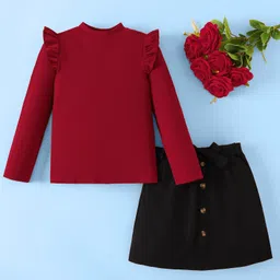 Mark & Mia Full Sleeves Solid Top and Skirt Set & Belt - Maroon & Black-image-3