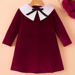 Mark & Mia Full Sleeves Solid Winter Frock With Bow Applique - Maroon-picture-24