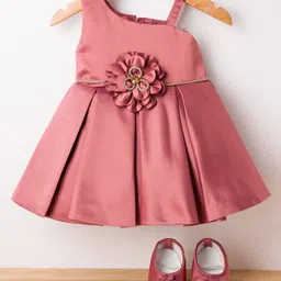 Bluebell Satin Woven Sleeveless Frock & Booties With Floral Applique - Dark Peach image 1