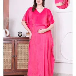 Secret Wish Velvet Woven Half Batwing Sleeves Solid Maternity Kaftan Nighty With Side Seam Nursing Access - Pink-picture-26