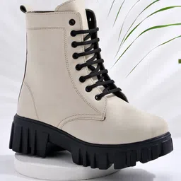Shoetopia Solid Lace Up Boots - Cream-picture-30