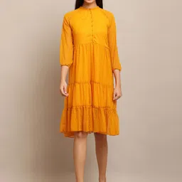 Hrikshika Fashion Women Mustard Georgette Mandarin Collar Fashion A-Line Dress-picture-36