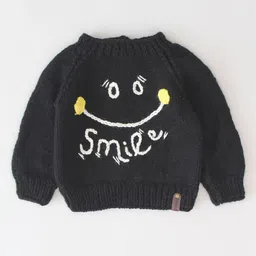 Woonie Full Sleeves Hand Knitted Smiley Face Detailed Sweater - Black image 3