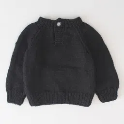 Woonie Full Sleeves Hand Knitted Smiley Face Detailed Sweater - Black image 4