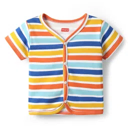 Babyhug 100% Interlock Knit Front Open Half Sleeves Antibacterial Vests With Stripes & Dino Print Pack Of 3 - Yellow Blue & Light Blue image 4